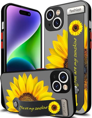 Cisland Compatible with iPhone 15 Case Cute with Strap Stand Finger Kickstand, Designer Silicone Cover for Women Girls Sunflower Sun Flower