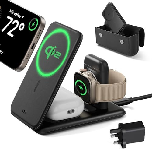 ESR 3-in-1 Travel Charging Station, MagSafe Charger, Made for Apple Watch Certified, Foldable Magnetic Wireless Charger for iPhone 16/15/14/13/12, AirPods Pro 4/3/2, Adjustable 2-Way Stand, Black