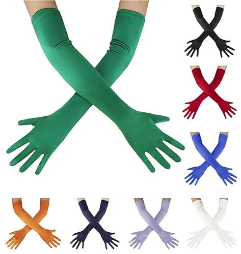 OWITER Long Elbow Gloves Bride Satin Gloves 1920s Opera Evening Party Dance Prom Gloves (Dark Green)