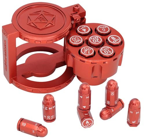 CZYY Polyedrische Würfel aus Metall, 7er-Set mit drehbarem Revolver-Zylinder-Behälter, Cyberpunk-Würfel für Warhammer 40K, D&D, Sci-Fi, Krieg oder Kriminalität, Tischspiele (rot)