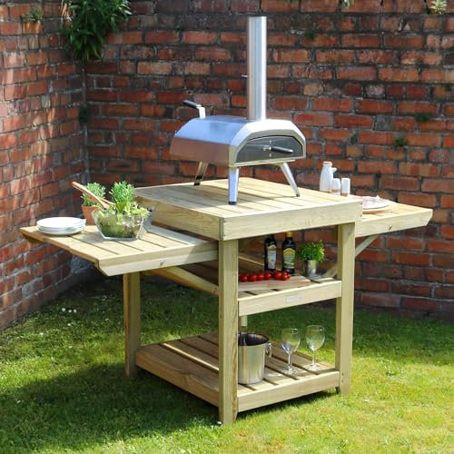Parcel in the Attic Garden Pizza Oven table with Shelves and side extentions in Pressure Treated Wood - 10 year warranty against rot (With Weather Cover)