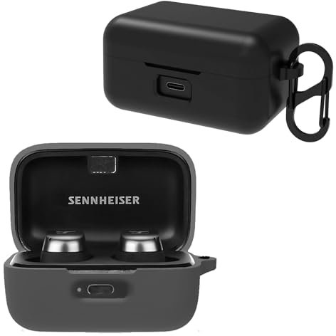 KZIOACSH Silicone Case for Sennheiser MOMENTUM True Wireless 4, Ultra Slim Anti-Scratch Anti-Lost Protective Case Lightweight Washable Sumdge-Proof Earphone Skin Cover with Carabiner, Black