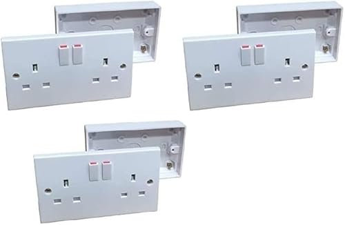 Double Wall Socket & Back Box Pattress/Twin 2 Gang Switched Plug Electrical Pack of 3