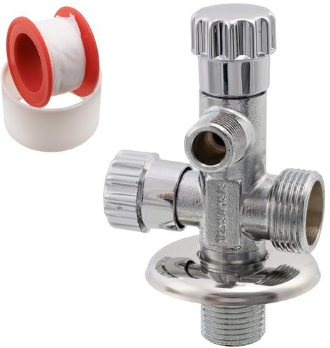 AERZETIX - C74959 - Valvola ad angolo a doppia uscita 1/2x3/4x3/8 + rosetta e guarnizione in PTFE - in ottone - finitura nichelata - raccordo rubinetto acqua potabile sanitaria lavello bagno cucina