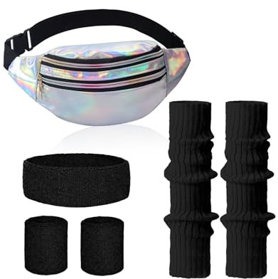 Clundoo 80er Jahre Outfit Damen Set mit Bauchtasche, Stirnband, Beinwärmer, Handschuhe für 90er Kostüm Party Fasching Karneval (Schwarz)