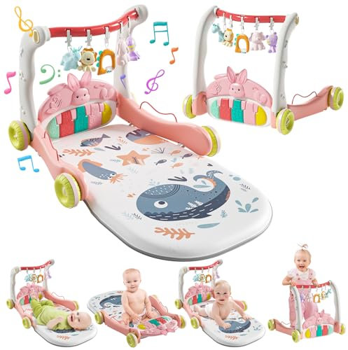 CUTE STONE Tapis de jeu pour bébé rose avec piano, marchette d'apprentissage pour bébé pour filles, tapis pour le temps sur le ventre pour bébé, centre d'activités pour bébés nouveau-nés