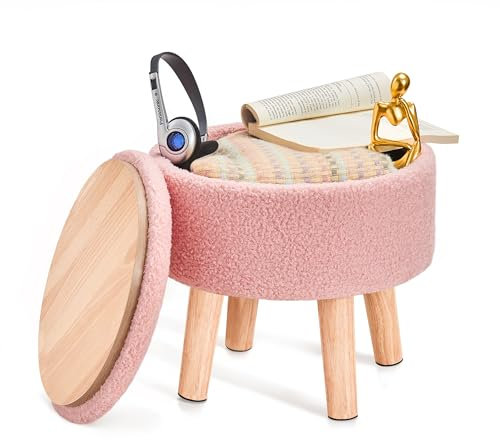 BRIAN & DANY Footstool with Storage, Small Storage Ottoman, Teddy Fleece Round Stool with Lid, Sherpa Foot Stool with Legs for Living Room Entryway, Pink