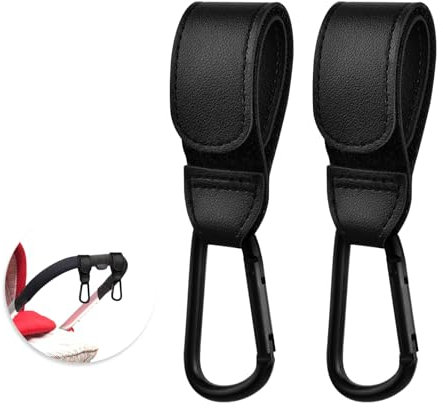 Dokeno Ganci Passeggino 2 Pezzi, Gancio per Borsa Passeggino Universale Ganci Passeggino in Pelle Vegana Nera per Appendere Borsa per La Spesa Borse Pannolini Borsette