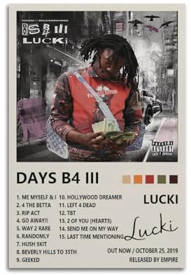 TXDYWZYGS Lucki Days B4 IIIPop Song-Album, Rapper, klassisches Album, Leinwanddruck, Unterschrift, Dekoration, Schlafzimmer, Zuhause, Büro, Teenager-Dekor, 30 x 45 cm, ungerahmt, 24