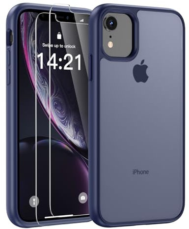FLLAO Opaca Cover Compatibile con iPhone XR con 2 Vetro Temperato, [Della Fotocamera Protezione] Anticaduta Antiurto Anti-Graffio Anti-Impronte Hard PC Glassata Traslucida Custodia Blu