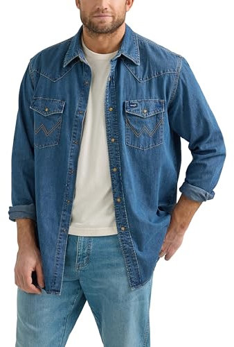 Wrangler Men's Denim Collection Snap Shirt, Dark Wash Denim, Large