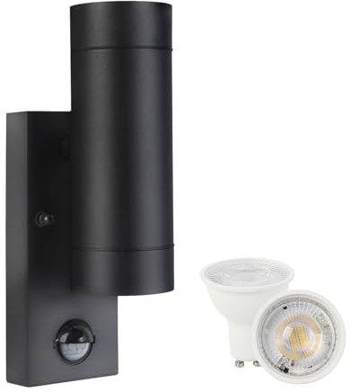 JANDT Lighting Outdoor Garden Wall Light PIR Motion Sensor, Black bidirectional Up and Down Light, IP65 Waterproof, VDE Certificated GU10 Lampholder, 2 x 3000K GU10 6W LED Lamps Included