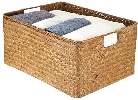IGNPION Seagrass Storage Basket Woven Seagrass Desktop Baskets Rectangular Bathroom Storage Organiser Box, Shelves & Desks Decorative Basket Multipurpose storage Hamper, Large (Caramel, XL)