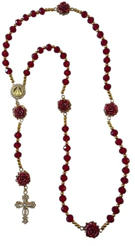 Chapelet chrétien avec croix dorée à strass et roses rouges (Rouge)