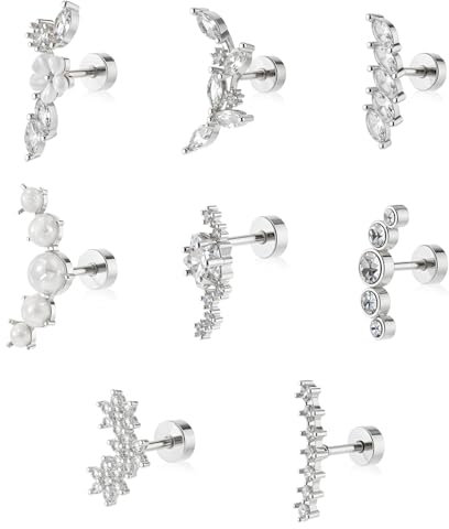 Yolev 8 Pcs 16G Helix Tragus Piercings Silber Chirurgenstahl für Damen Tragus Ohrring Opal CZ Leaf Bar Ohr Piercing Ohrringe Conch Daith Flat Piercing Set