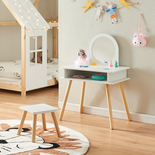 [en.casa] Schminktisch Kinder Ovanåker Kinderschminktisch mit Hocker Frisiertisch Schminktisch mit Spiegel Frisierkommode mit Ablagefach Kosmetiktisch Weiß/Natur