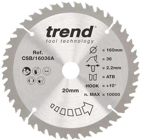 Trend 160mm Wood Circular Saw Blade, 20mm Bore, 36 Teeth, TCT, Fine Finish | Ideal For Accurate Fine-Cut Woodworking With Smooth Cuts, 36 Teeth, TCT Tips And 20mm Bore, CSB/16036A