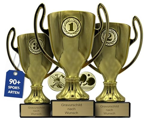 pokal-fabrik.de - Pokale 3er Set mit Gravur Wunschtext in Gold in 3 Größen- personalisierte Auszeichnung & Sport Emblem nach Wahl - inkl. Marmorsockel - Geschenk-Trophäe | Pokal Kinder
