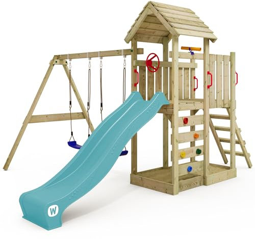 WICKEY Aire de Jeux MultiFlyer portique avec Toit en Bois & balançoire et Toboggan, Tour d'escalade pour Enfants avec bac à Sable, échelle et Accessoires de Jeu pour Le Jardin. (Turquoise)