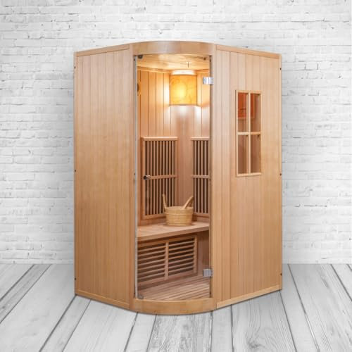 Infrarotsauna Alpha I – Tiefenwärme & Saunaofen für 2 Personen | Kanadisches Hemlockholz | 5 Flächenstrahler & 3000 W Saunaofen | Farblichttherapie | Einfache Montage & Bedienung