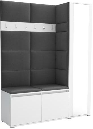 Brent - Garderobenschrank Flur Weiß mit sitzbank 145 cm Breit Luton 7 - Multifunktionale Flurgarderobe Set mit Stauraum und Wandpaneel, Garderobe mit Sitzfläche und Kleiderhaken