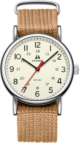 LN LENQIN Herrenuhren Militär Uhren Analog Quarz Uhren Armee Uhren Herren Wasserdicht Armbanduhren Sportuhr mit Nylonband (Braun Silber Gelb)