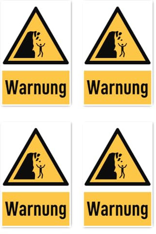 Aufkleber: 150x100 mm, 4 Stück - Signalwort Warnung vor Steinschlag von instabiler Klippe - Warnzeichen mit Text (deutsch) (gelb/schwarz) - hochkant - W053 - DIN EN ISO 7010 / ASR A1.3