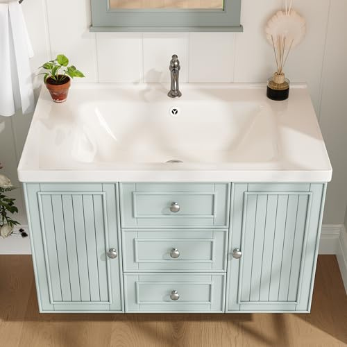 Armario bajo para lavabo, mueble bajo para lavamanos, armario de baño con 3 cajones, mucho espacio de almacenamiento, suspendido, verde, 78,5 × 46 × 46,8 cm (Verde, armario bajo suspendido para lavabo