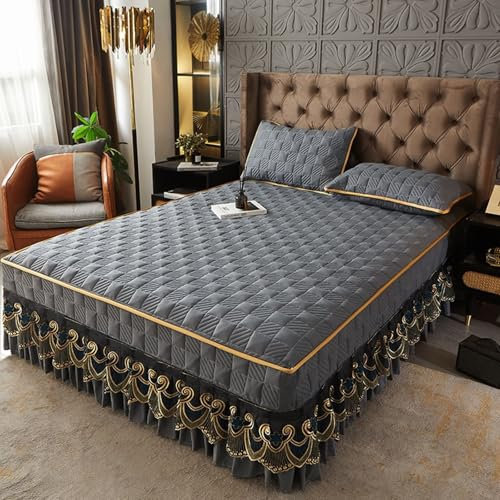 Lirzxin Bettvolant Bettrock, Bettlaken Boxspringbett 200x220 cm Doppelbett Polyester Baumwolle Einfarbig Geometrische Quadrat Struktur mit Bestickt Spannbettlaken und 2 Kissenbezüge, Grau