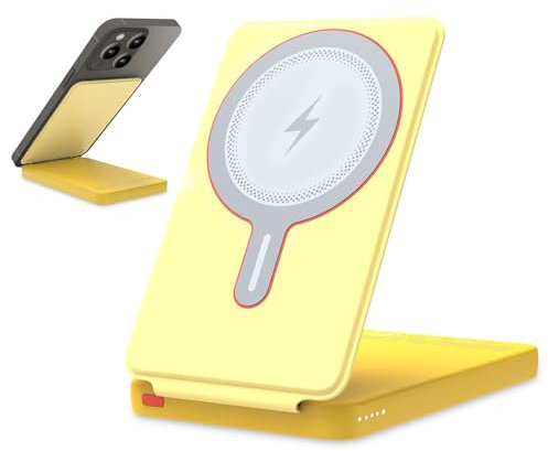 Mini power bank 5000 mAh con magnetica e supporto – USB C PD20 W + 15 W Wireless Powerbank, batterie esterne senza fili per iPhone 16/15/14/13/12 serie (Giallo)