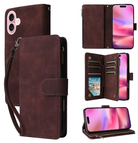 QLTYPRI Hülle für iPhone 17 (6,3 Zoll), Premium Leder Handyhülle mit Große Kapazität 6 Kartenfach & 1 Reißverschluss Tasche Ständer Schutzhülle für iPhone 17 - Kaffee Braun