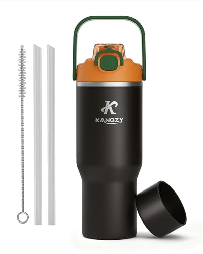 KANGZY Metal Water Bottle with Straw 1L/32oz – Vacuum Insulated Stainless Steel Flask, 2-in-1 Straw & Spout Lid, BPA-Free Leak-Proof Tumbler, Keeps Drinks Hot 8H+ / Cold 24H for Work, Travel Taupe