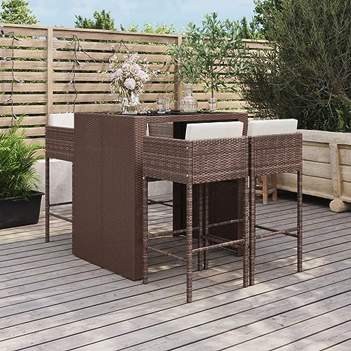 QJBSAVVA Ensemble de bar de jardin 5 pièces en rotin 105 x 80 x 110 cm avec 4 tabourets de bar et coussins, polyrotin / verre trempé, balcon, terrasse