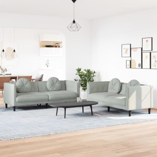 Mandloder 2-TLG. Sofagarnitur, Hellgrau Samt Sofa Set mit 4 runden Zierkissen, Modernes Wohnzimmer Couchgarnitur, Gepolstert, Maximale Belastbarkeit 110 kg pro Sitz