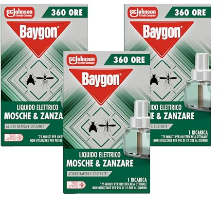 Baygon Liquido Elettrico Anti Mosche e Antizanzare, 3 Ricariche | Inodore, Azione Rapida e Costante, Tripla Ricarica da 360 Ore Ciascuna