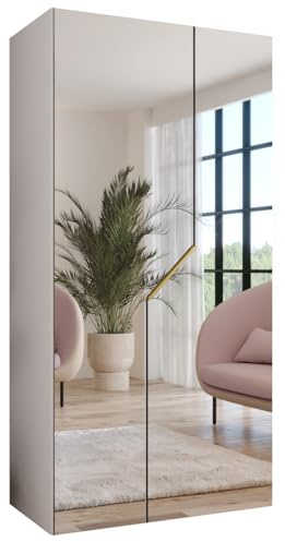 MEBLE KRYSPOL - Kleiderschrank - Garderobenschrank - 100 cm x 202 x 52 cm - Schrank mit Kleiderstange und Spiegel, 2 Türen - für Schlafzimmer, Flur - Andrew, Weiß, Griff Gold