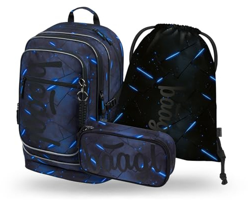 Baagl Schulrucksack Set Jungen 3 Teilig Schultasche ab 3 Klasse - Flash | Ergonomischer Schulranzen und Grundschule Ranzen mit Brustgurt und ein geräumiges Etui bietet viel Platz für ein Kind.