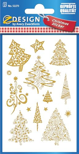 AVERY Zweckform 18 Aufkleber Weihnachten Weihnachtsbäume gold (Made in Germany, Weihnachtssticker mit Goldprägung, Papier, selbstklebende Weihnachtsdeko für Karten, Geschenke) mit Sternen, 52273