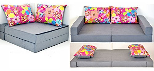 barabike Kindermöbel KK A12 grau-rosa-Blumen Kindersofa Kindermatratze Sitzkissen Spielsofa Minicouch Set + 2 Kissen (KK A12 (grau-rosa-Blumen))