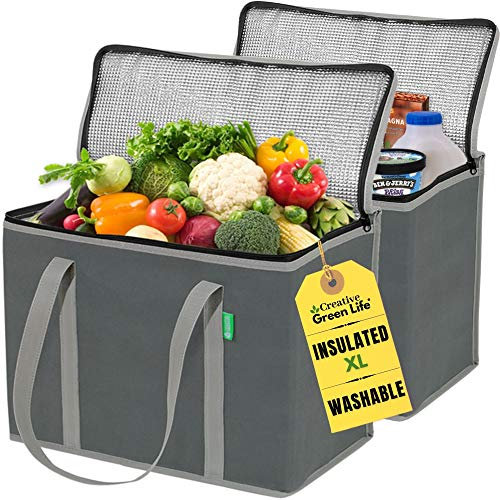 Insulated Shopping Bags (2 Pack, Grey), X-Large, Premium Quality Cooler Bag Set with Long Handles and Zip Top Lid. Reusable Tote for Warm or Cold Food, Freezer Items, Delivery