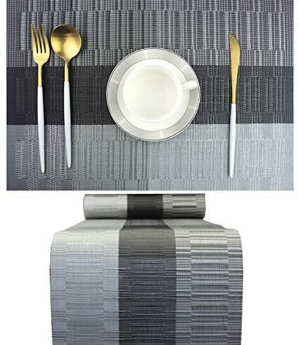 PIGCHCY Elegante Tischsets mit passendem Tischläufer, waschbares, strapazierfähiges Vinyl-Tischset (6 Tischsets + 1 Tischläufer, schwarz)