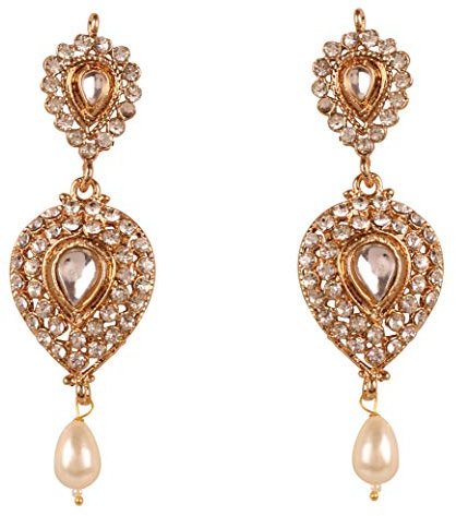 Touchstone Indischer Bollywood-Stil, traditioneller Stil, weißer Strass-Kunstperlen-Anhänger, langer Designer-Schmuck, goldene Kronleuchter-Ohrringe für Frauen