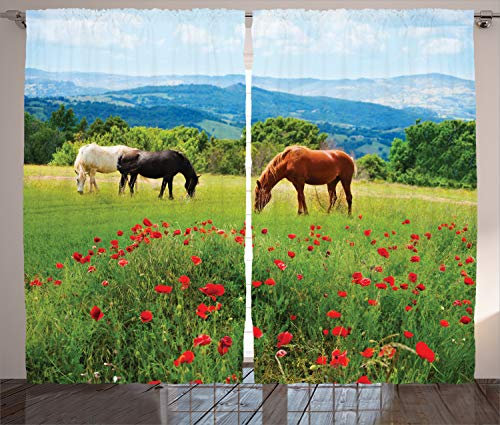 ABAKUHAUS Pferd Rustikaler Gardine, Landschaft Ländliches Motiv, Schlafzimmer Kräuselband Vorhang mit Schlaufen und Haken, 280 x 225 cm, Rot Grün