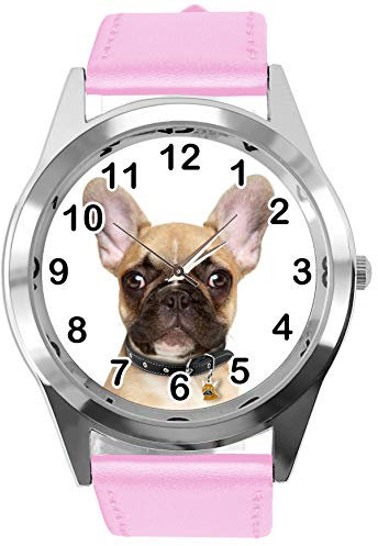 TAPORT® Armbanduhr Analog Quarz mit Echtlederband Rosa Rund für Französische Bulldogge Fans, rose, Gurt