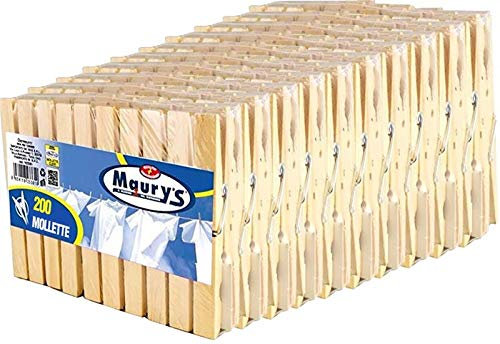 200 Maury's Mollette Bucato In Legno Naturale Robuste Lunghe 10 cm resistenti per Decorazioni e Stendi Biancheria Alta qualità Pacco Scorta