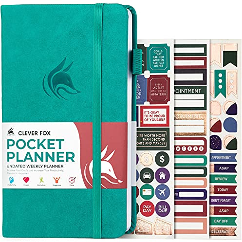 Clever Fox Pocket Planner, Mini Undated Weekly Calendar, Small Turquoise | Compact 10x17.5cm size, purse-friendly format, undated pages for flexible planning, 120gsm paper, eco leather hardcover