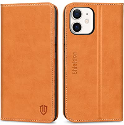 SHIELDON Wallet Case for iPhone 12 Mini, Genuine Leather Case with RFID Blocking, TPU Shell, Kickstand, Card Slots, Magnetic Folio Cover Compatible with iPhone 12 Mini, 5.4, Brown