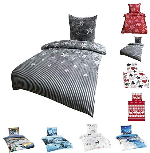 Leonado Vicenti Winter Flausch Bettwäsche Weihnachten Motive Microfaser Thermo Fleece, 2X 135x200 cm + 2X 80x80 cm Galaxy Grau