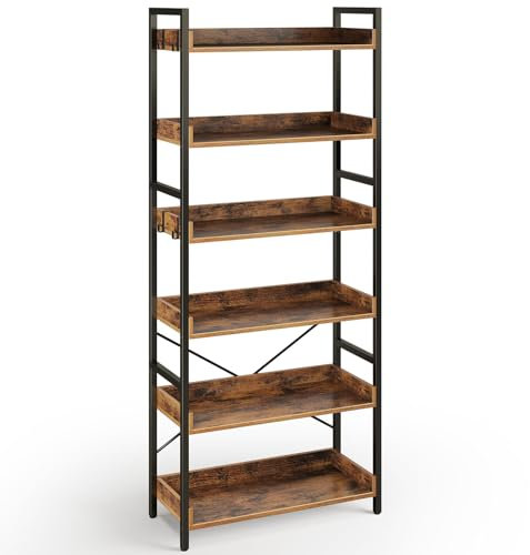 Rolanstar Bookshelf 6 Tier with 4 Hooks, Industrial Bookcase, Vintage Storage Rack with Open Shelves, Rustic Standing Bookshelves Metal Frame Display Rack for Living Room, Bedroom, Rustic Brown