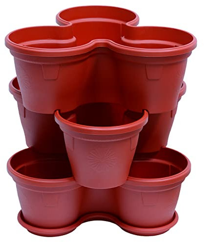 Gariella 3X Blumentopf Säulentopf Pflanzturm Hochbeet Pflanztopf-Kübel mit Untersetzer stapelbar bruchfest widerstandsfähig farbig Kunststoff